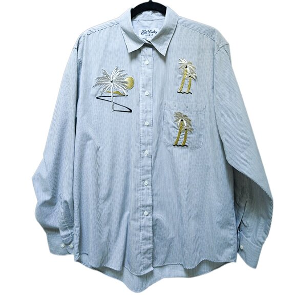 Women’s Vintage 80s/90s Palm Tree Embroidered Striped Shirt L – Made in USA - Picture 1 of 7